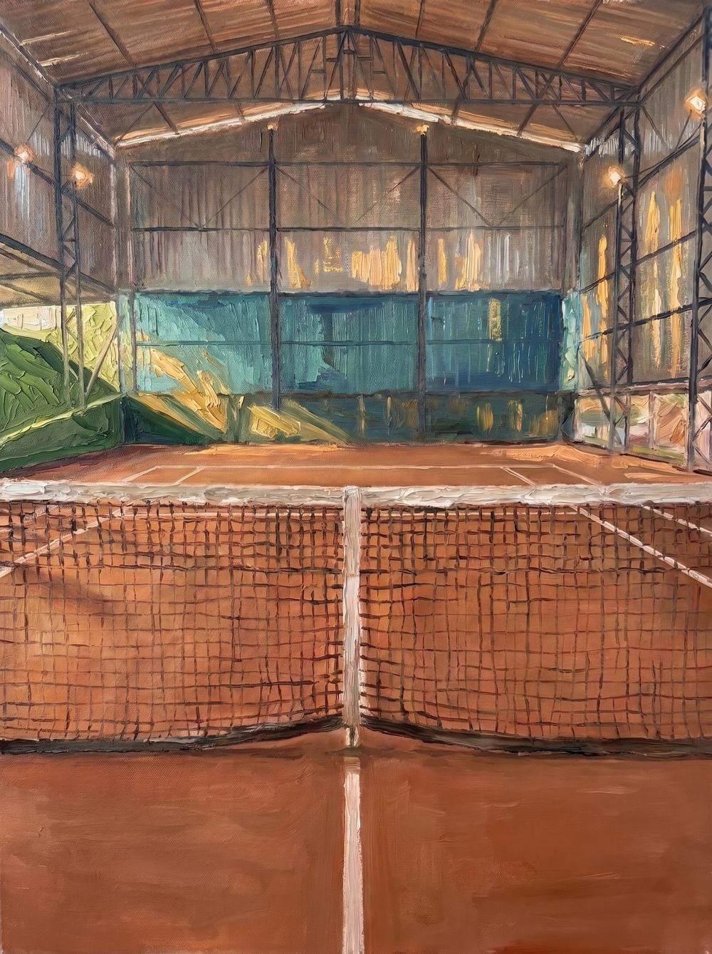 Pintura a óleo da quadra coberta, com a rede e a linha de saibro em primeiro plano